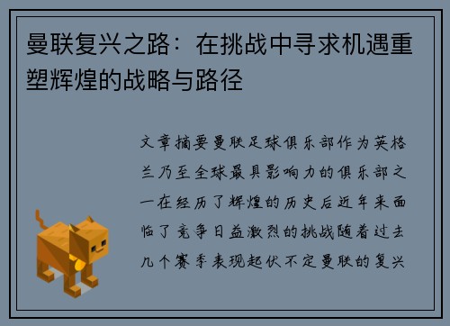 曼联复兴之路：在挑战中寻求机遇重塑辉煌的战略与路径